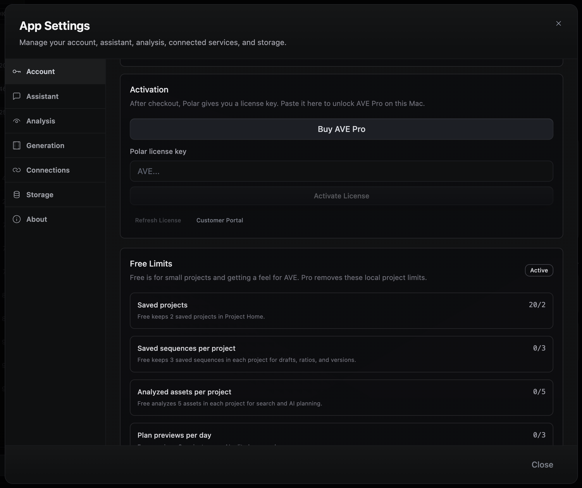 AVE App Settings open on Account with the Activation section visible.