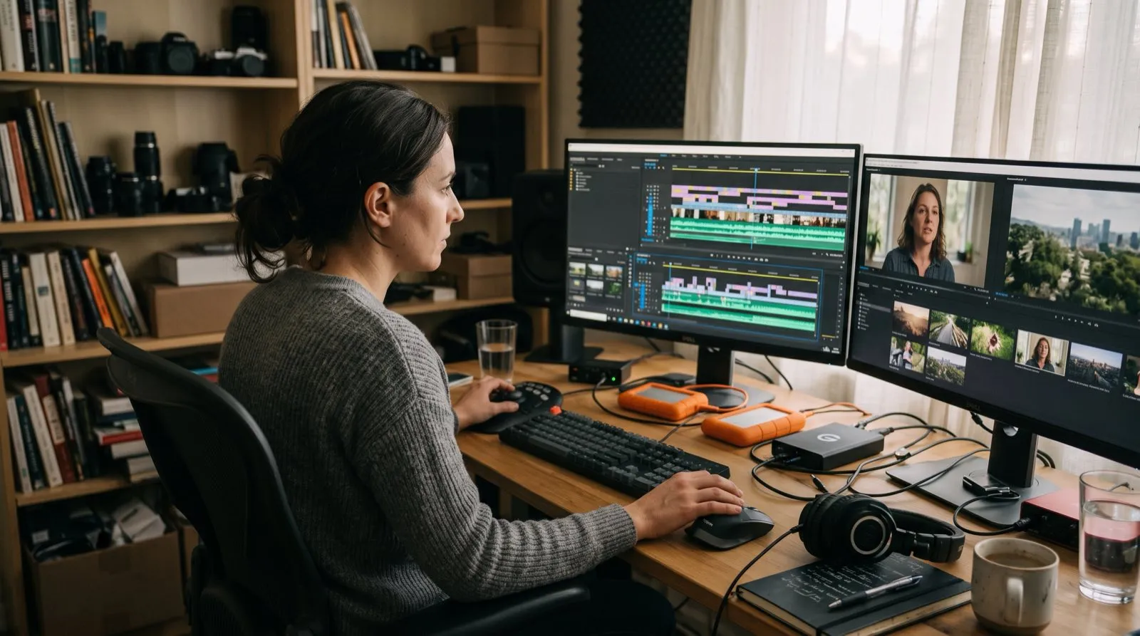A terminal running a coding assistant beside a video editing timeline on a Mac.