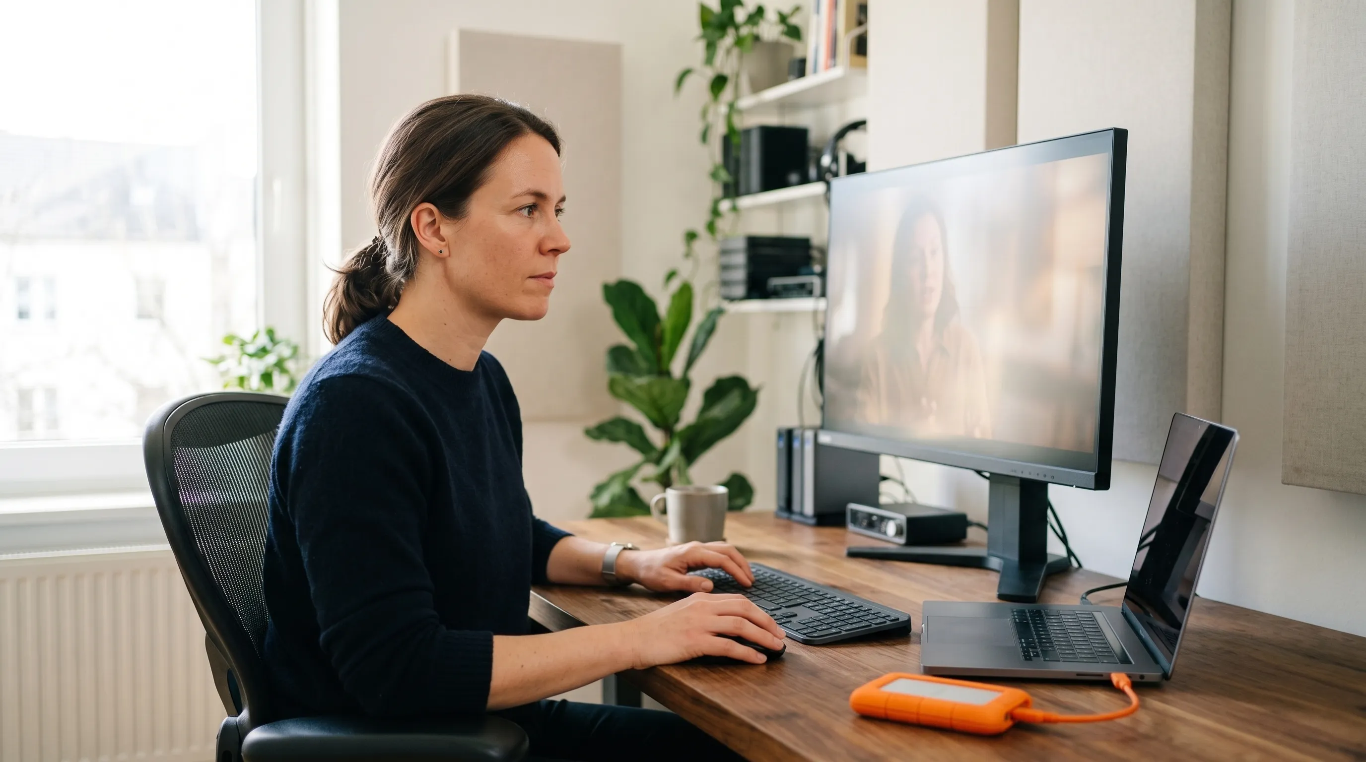 An editor at a sunlit desk reviews interview footage on a monitor, with the source drive plugged into the laptop beside them.