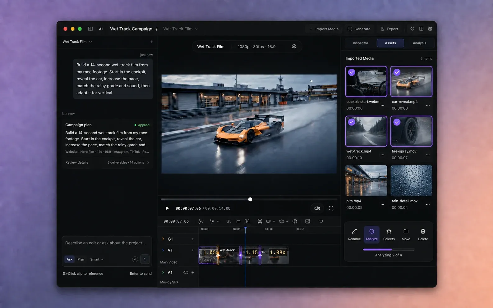 UI illustration of AVE with several imported clips selected in Assets and the Analyze action available.