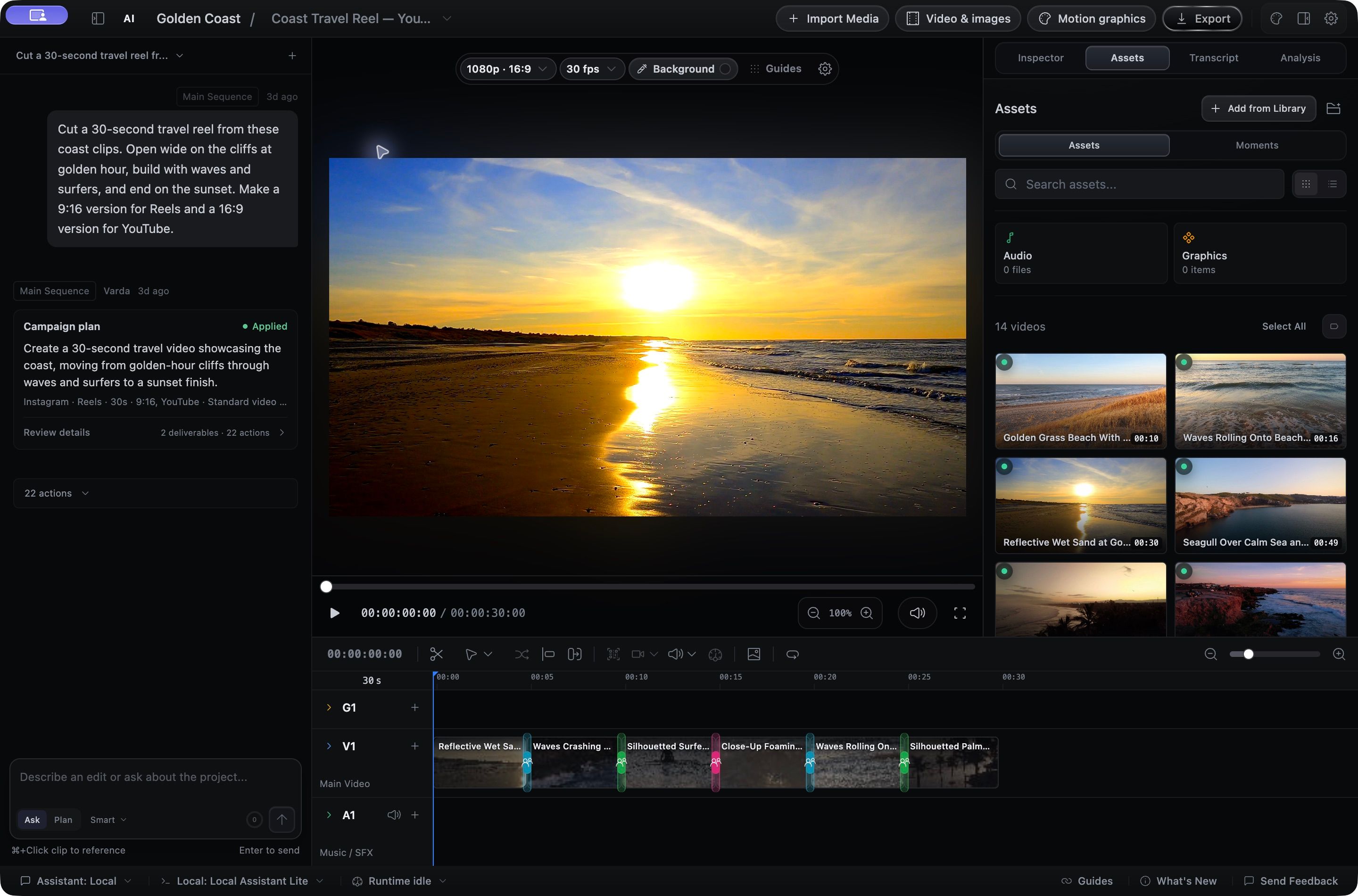 Current AVE editor with a coastal travel brief, footage library, and completed multi-track timeline.