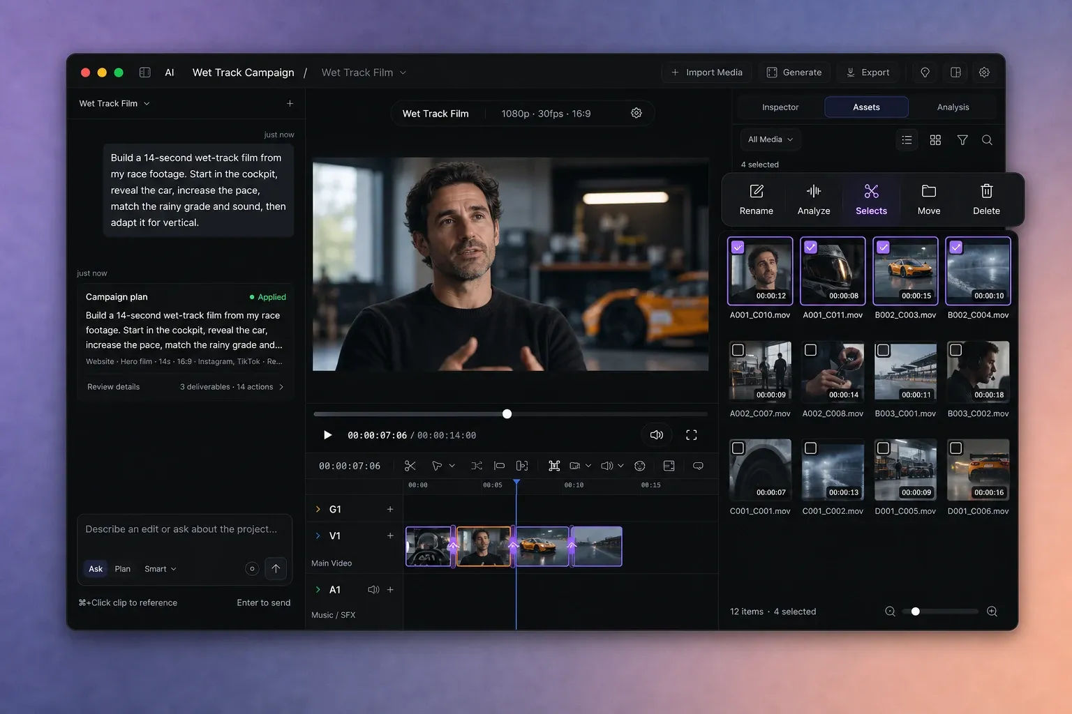 UI illustration of four selected videos in AVE Assets with the floating Rename, Analyze, Selects, Move, and Delete action bar.