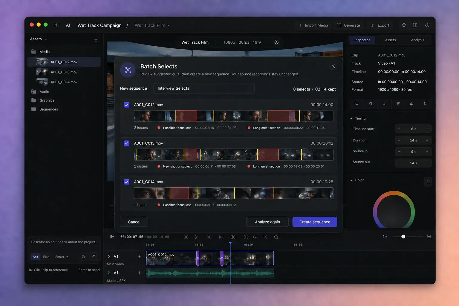 UI illustration of the AVE Batch Selects review with three source recordings, suggested removals and splits, and controls for creating a new sequence.