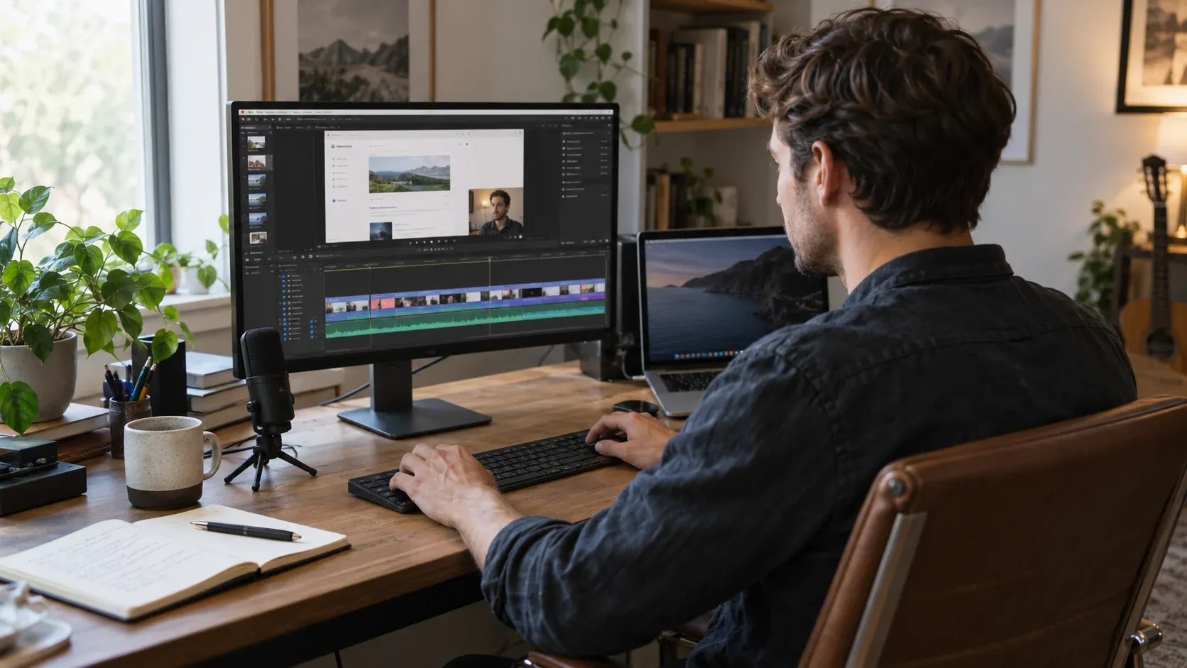 A creator records a software walkthrough at a desk with a Mac, an external display showing a video editing timeline, and a microphone.
