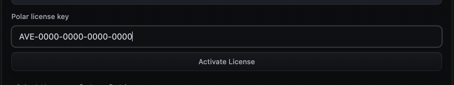 AVE license key field with an example AVE license key and the activation button.