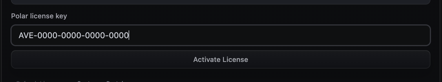 AVE license key field with an example AVE license key and the activation button.
