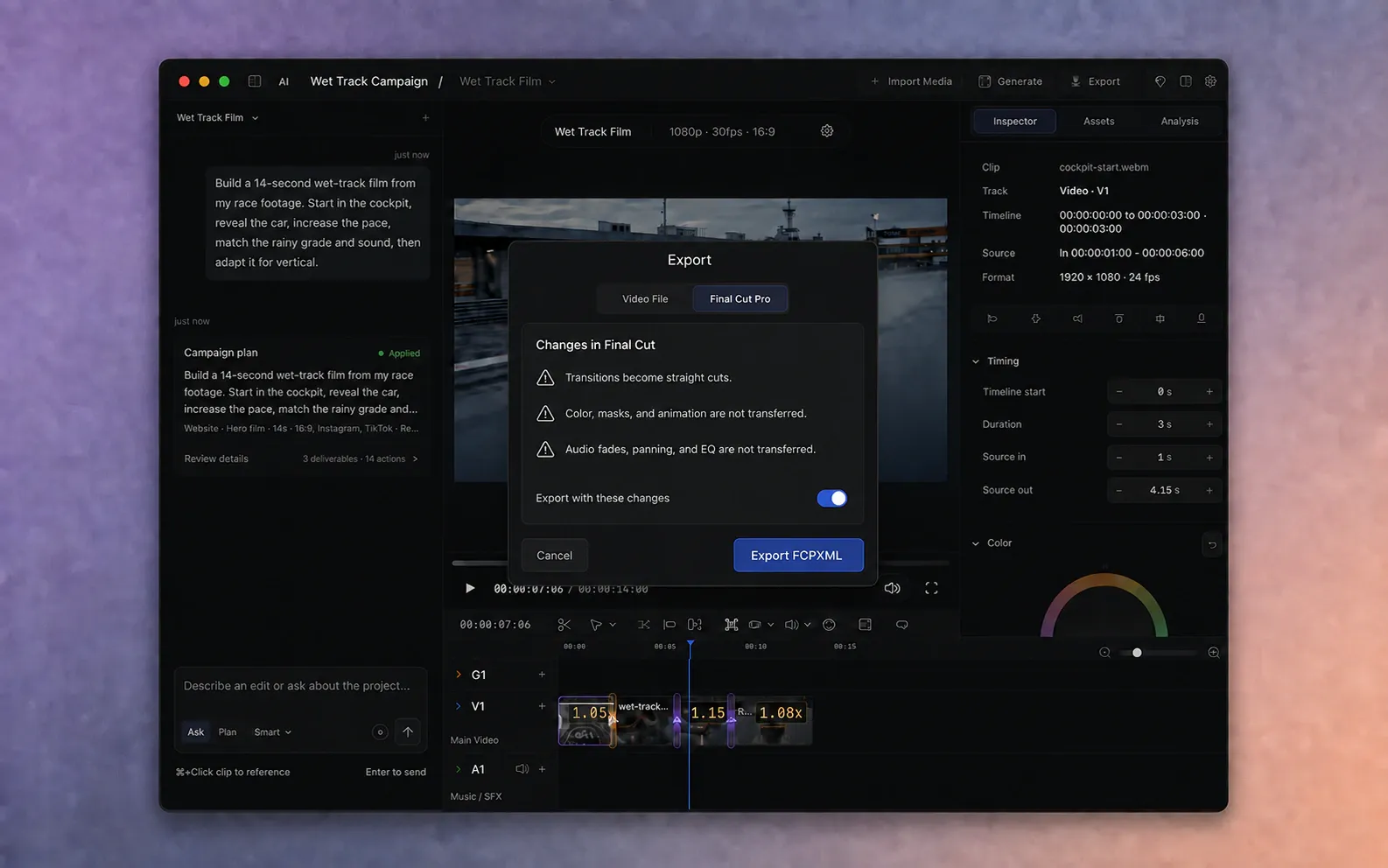 UI illustration of AVE listing Final Cut compatibility changes for transitions, color and animation, and audio processing before FCPXML export.