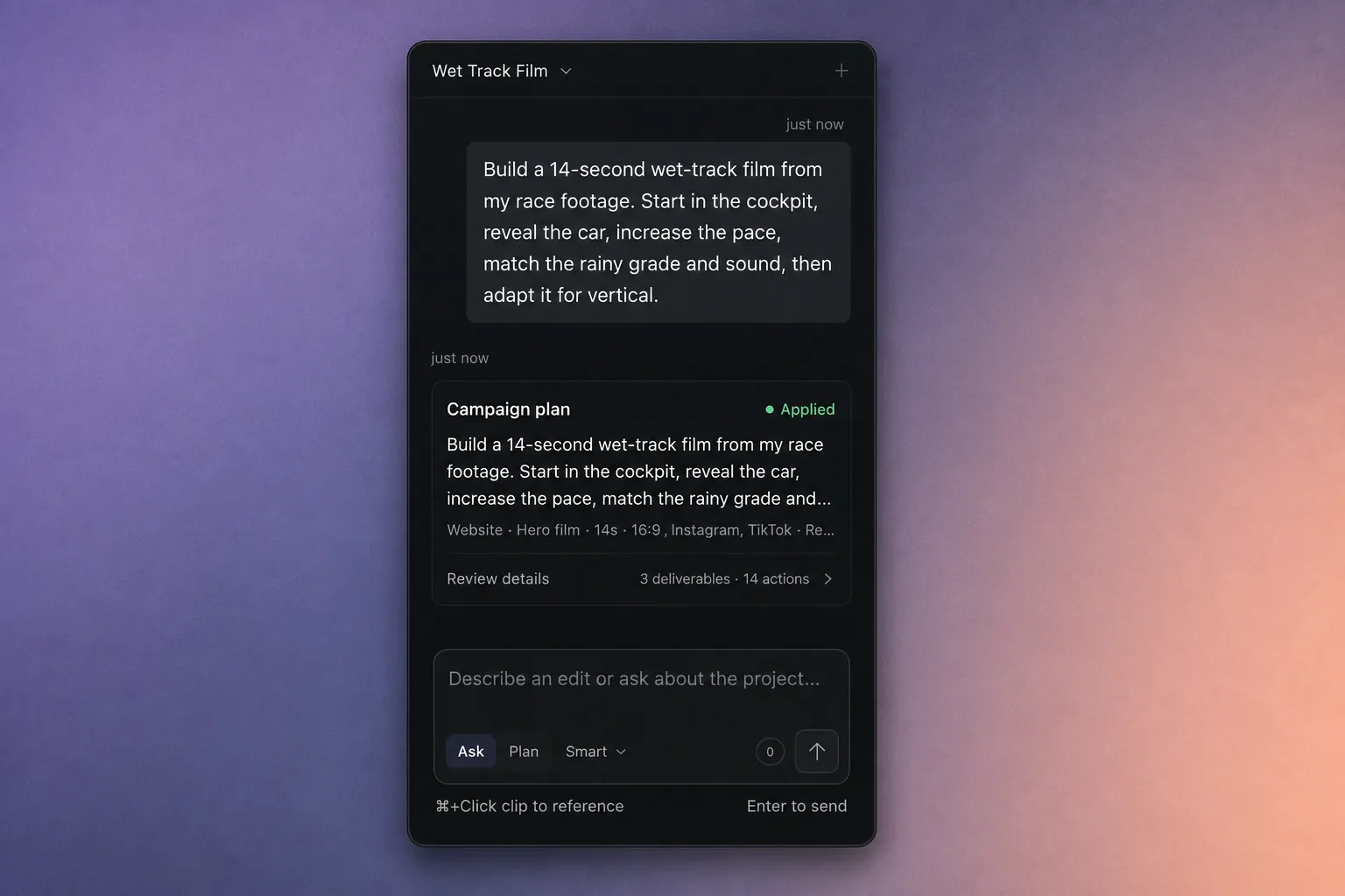 UI illustration of AVE’s assistant with a campaign brief, an applied plan, and Ask and Plan controls in the bottom composer.