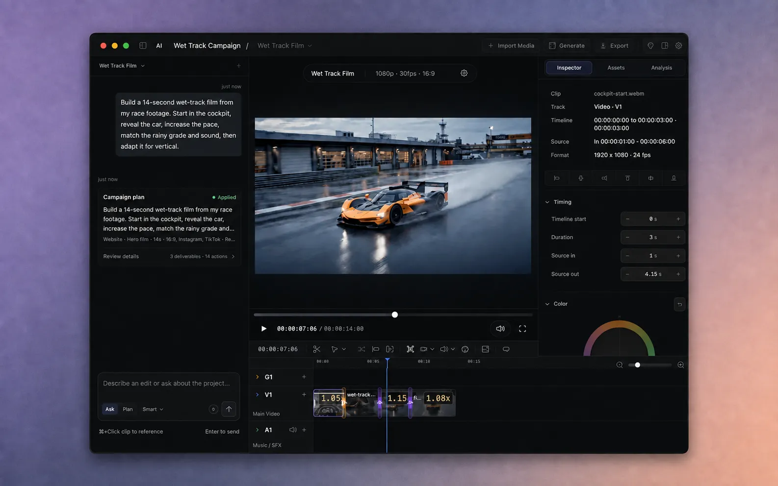 Illustration of the AVE editor with its assistant, wet-track video preview, Inspector, and multi-track timeline.