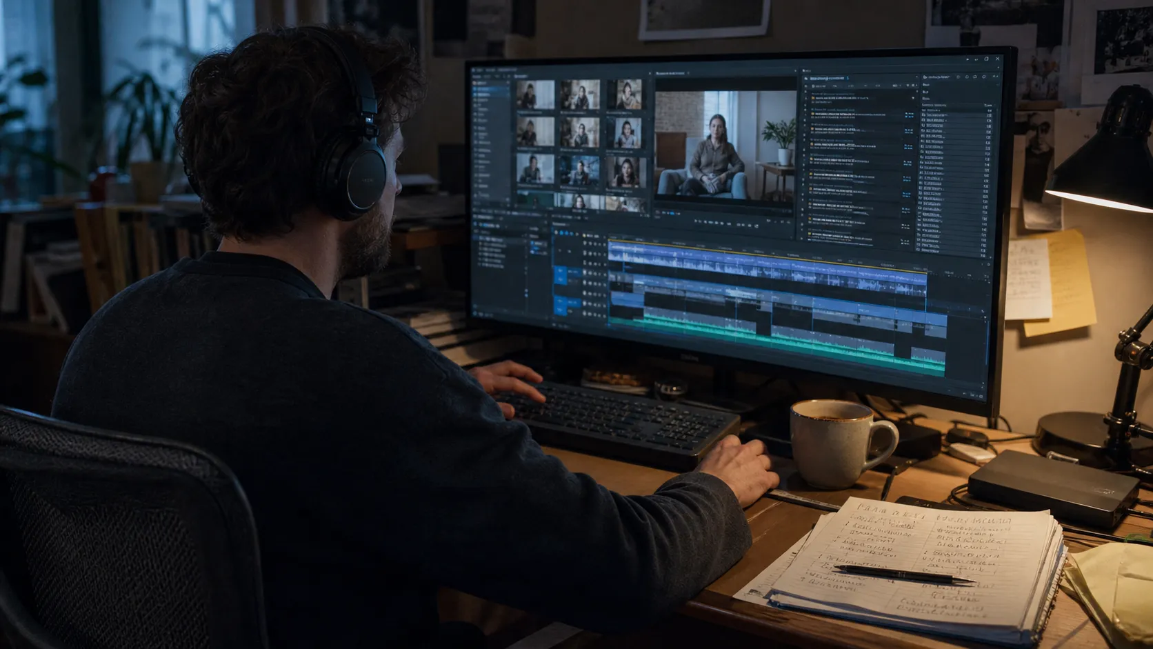 A video editor searching interview clips beside a long multitrack timeline and handwritten timecode notes.