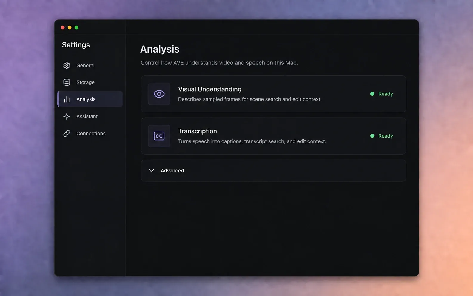 UI illustration of AVE Settings with the Analysis page open and Visual Understanding and Transcription both ready.