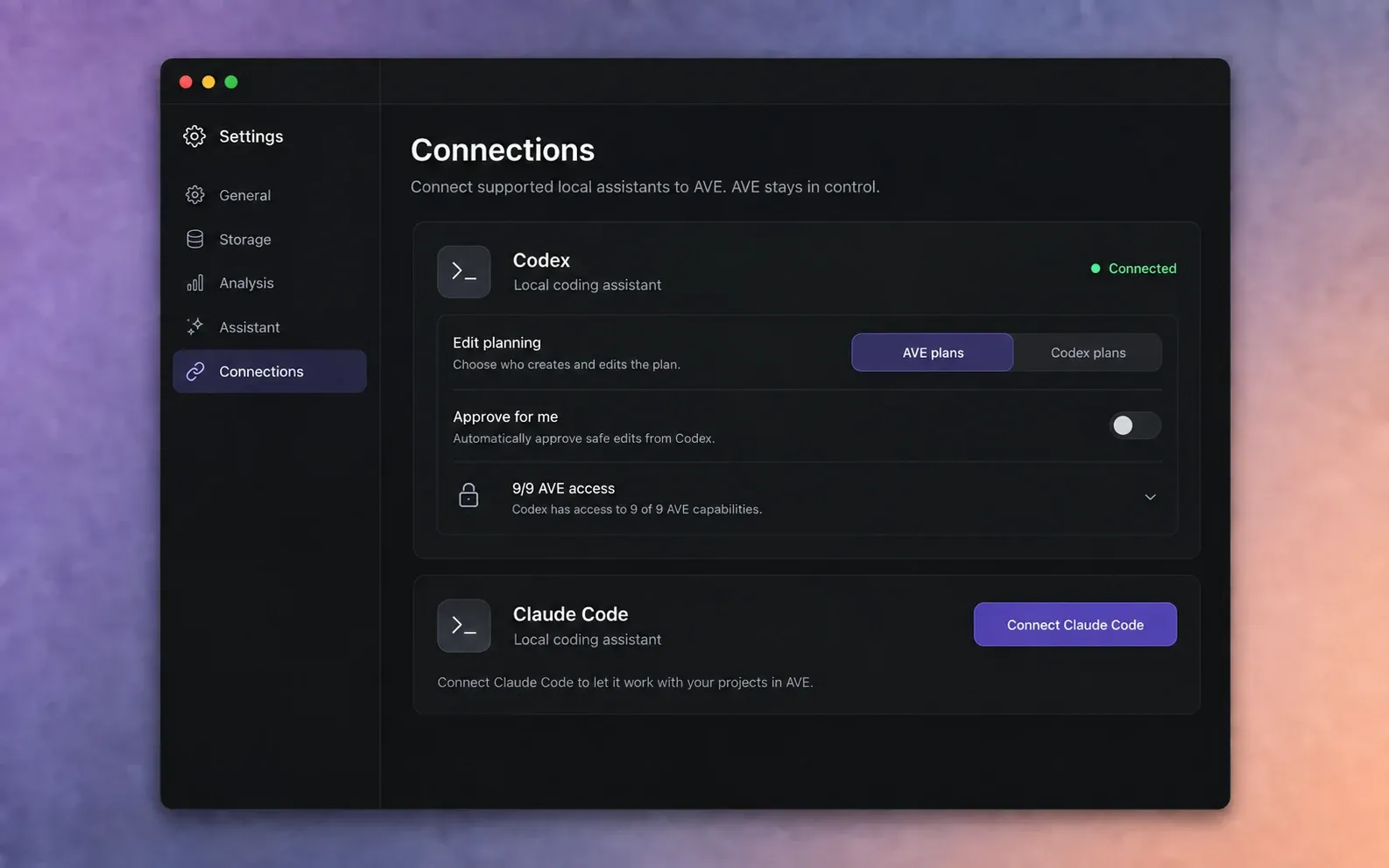 UI illustration of AVE Connections settings with Codex connected, Claude Code available, and nine AVE access scopes.