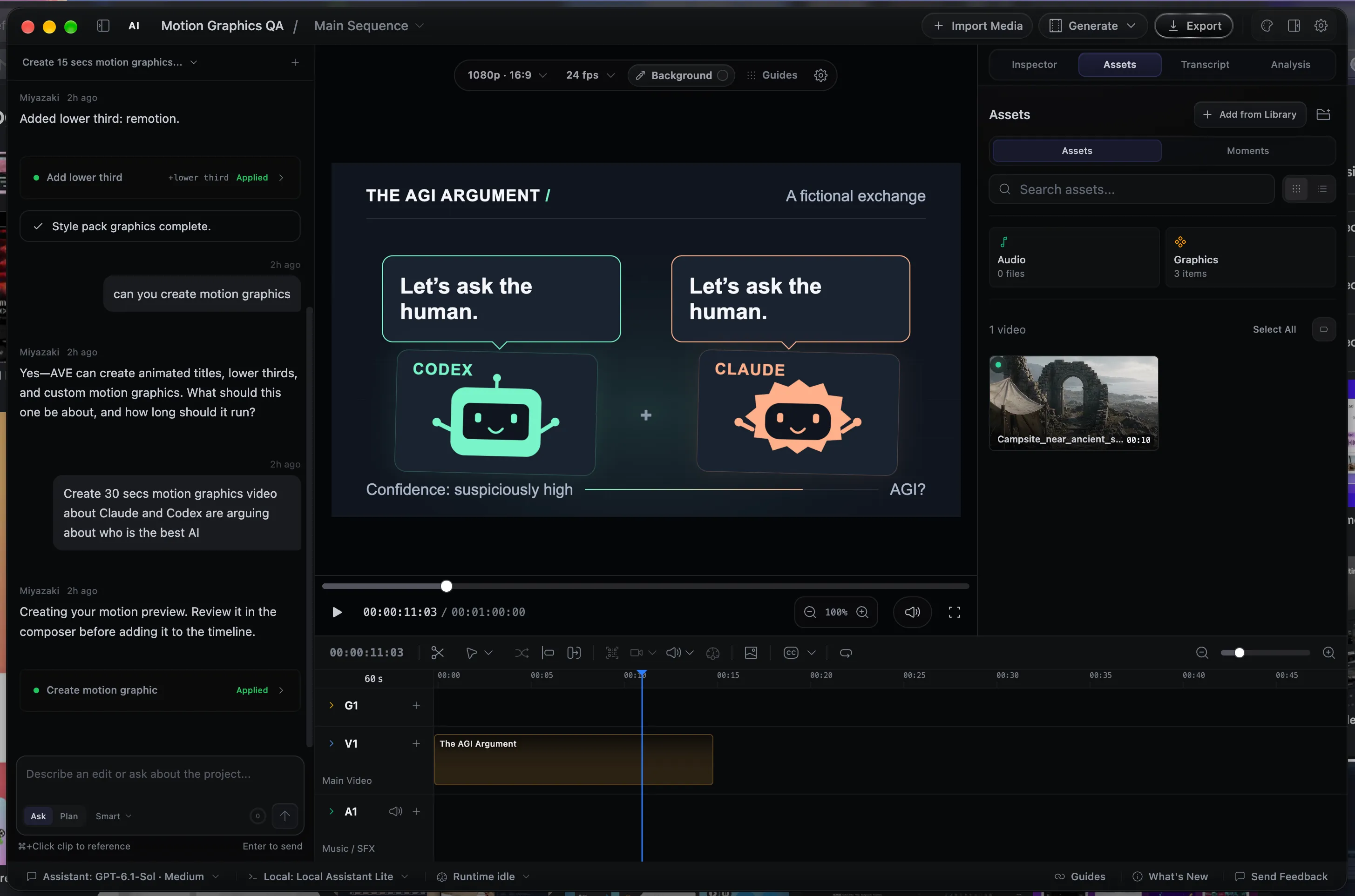 AVE showing an AI-created motion composition about Codex and Claude on a video track, with the assistant and editable timeline visible.