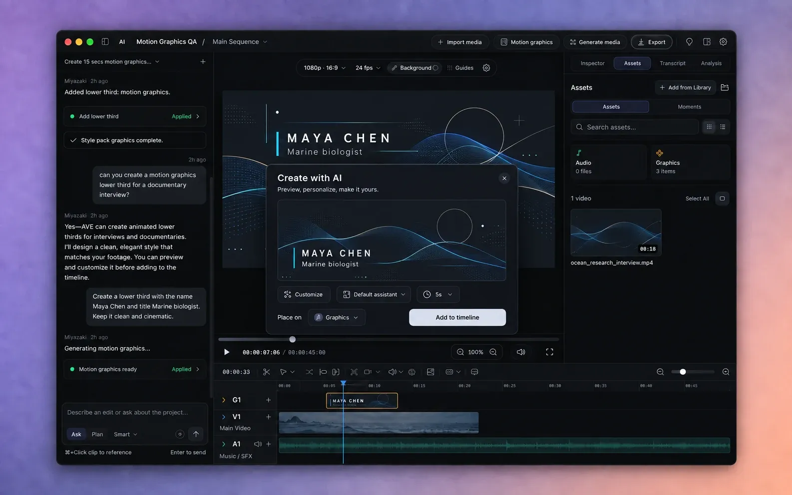 AVE mostrando el creador de gráficos animados Crear con IA, una vista previa de un rótulo inferior documental y el gráfico generado en la línea de tiempo editable.