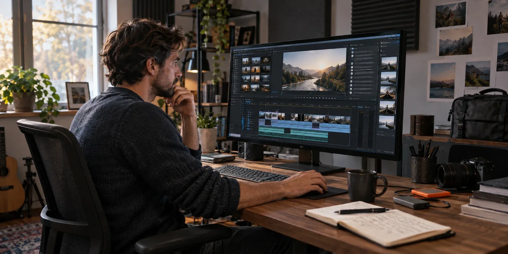 A video editor works at a local desktop setup with footage, a timeline, transcripts, and external drives visible in a natural home studio.
