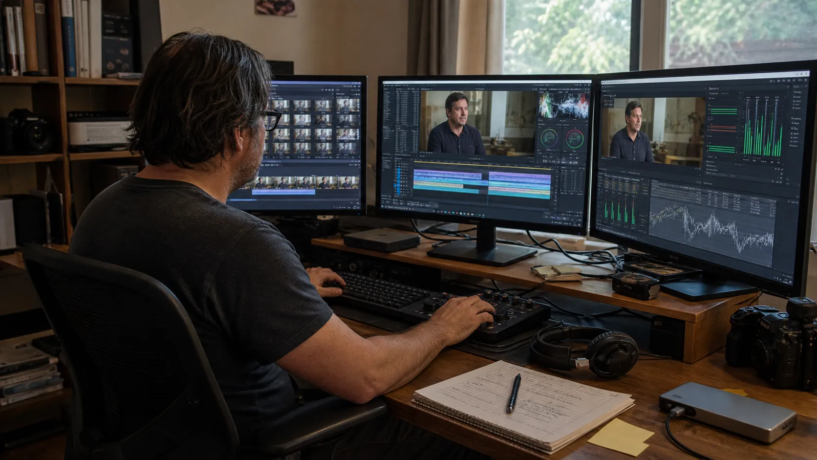 A video editor works across three monitors showing interview footage, a multitrack timeline, color scopes, and audio meters.