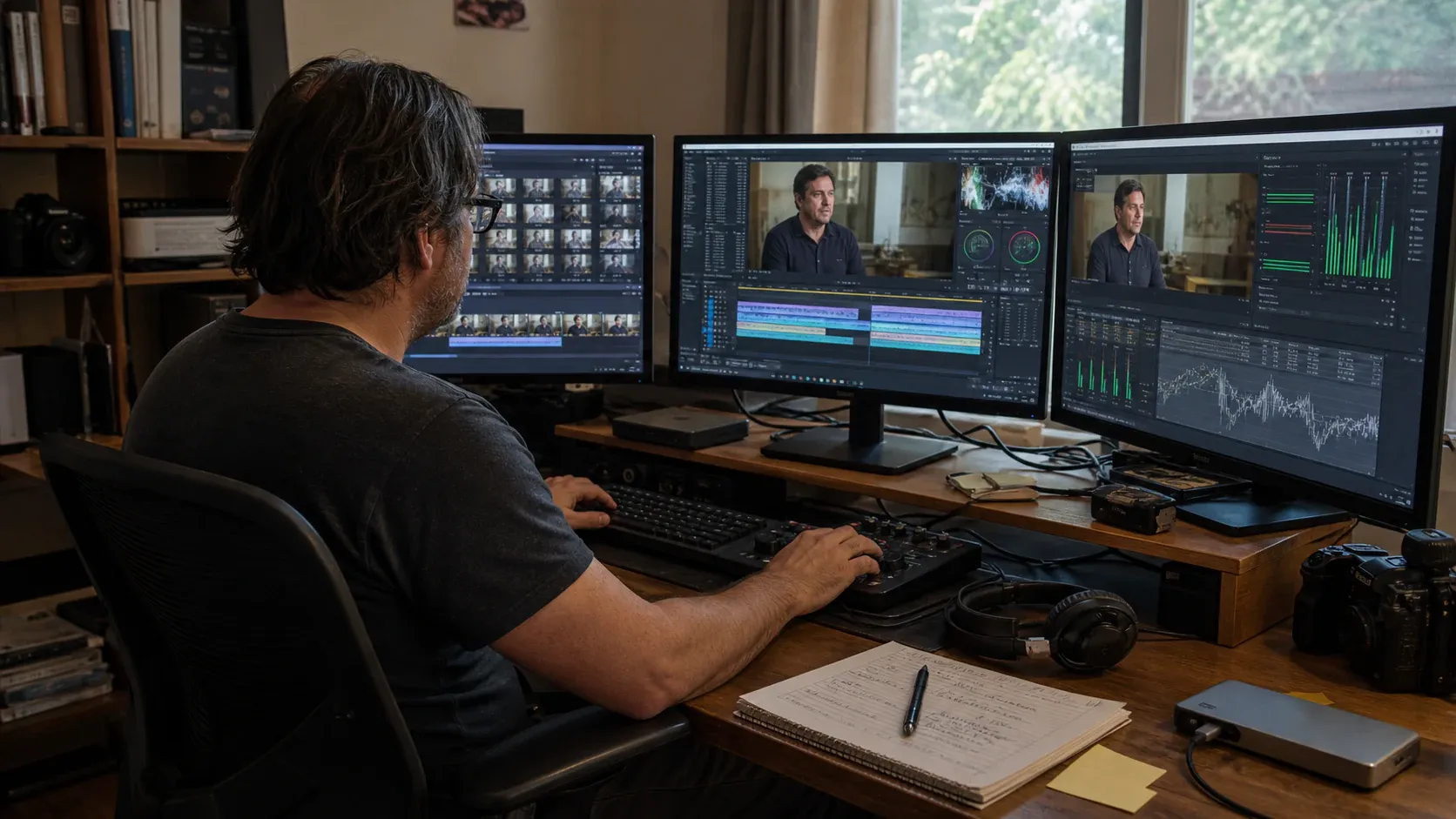 A video editor works across three monitors showing interview footage, a multitrack timeline, color scopes, and audio meters.