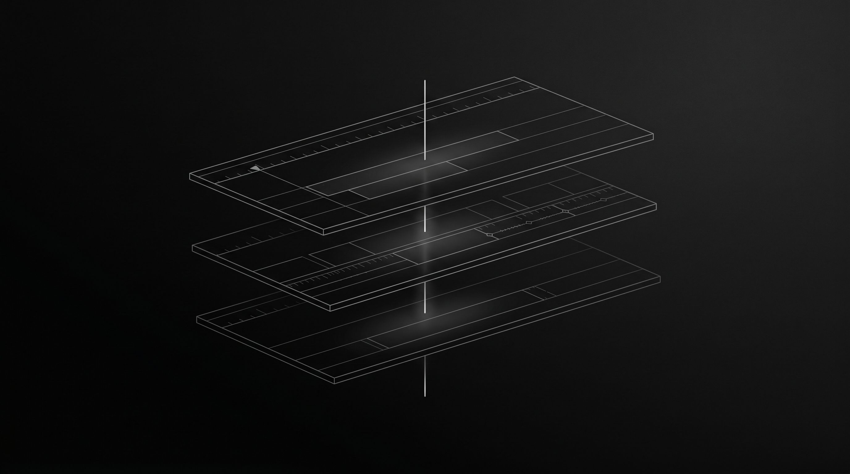 Abstract layered video timeline surfaces with a central playhead.