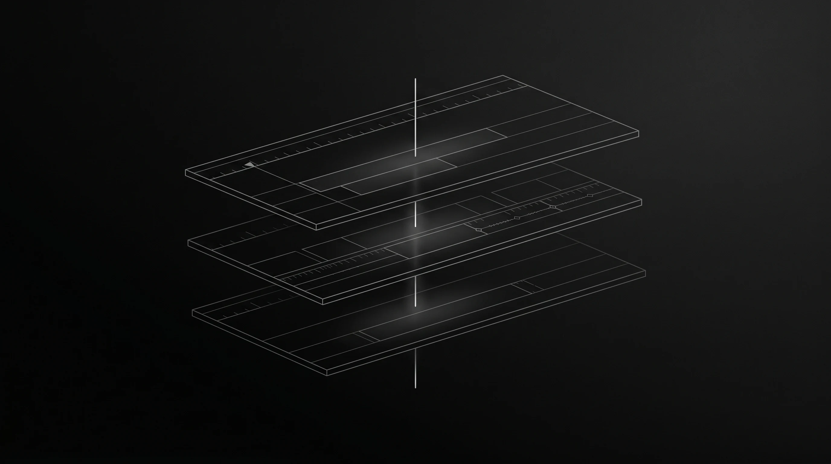 Abstract layered video timeline surfaces with a central playhead.