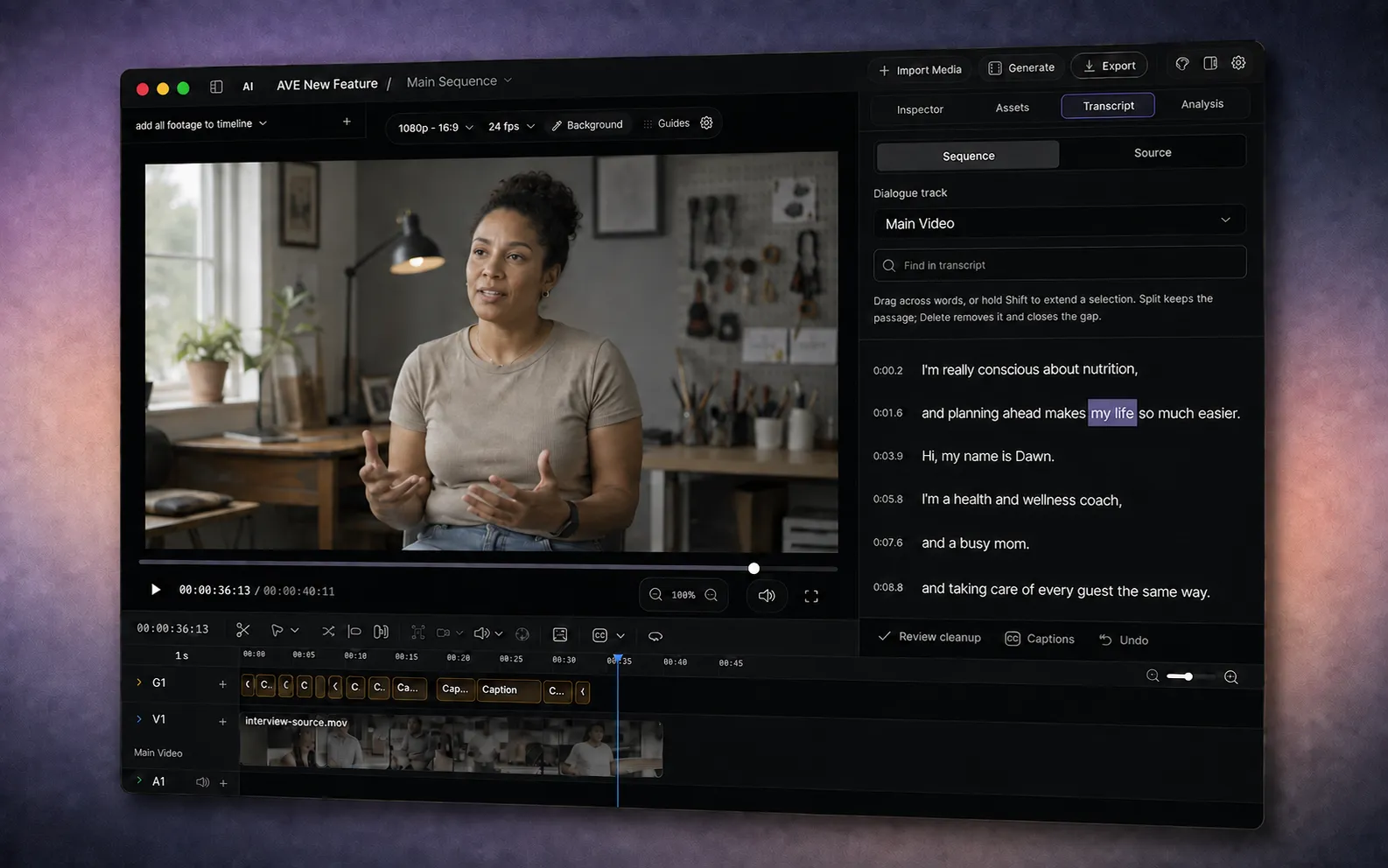 AVE on Mac showing an unbranded interview, editing timeline, and Transcript panel with selected words.