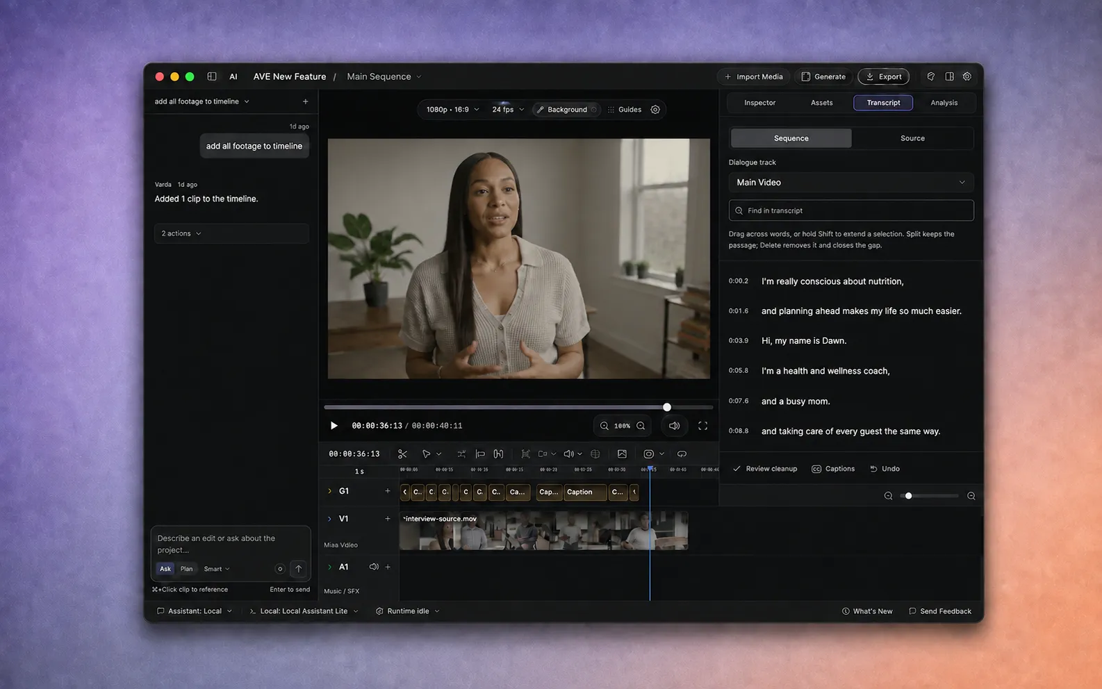 AVE 1.2.0 on Mac with a documentary interview, editable timeline, and the Transcript panel open beside the viewer.