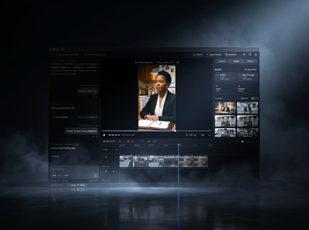 AVE video editor interface shown in a cinematic mobile hero preview